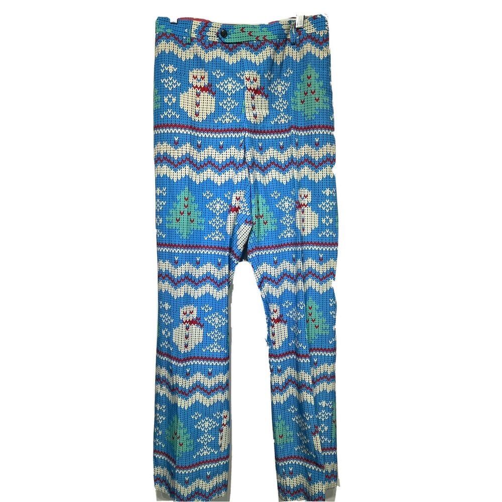Shinesty Mens Blue White Snowman Christmas Tree Printed Dress Pants Size 42/36